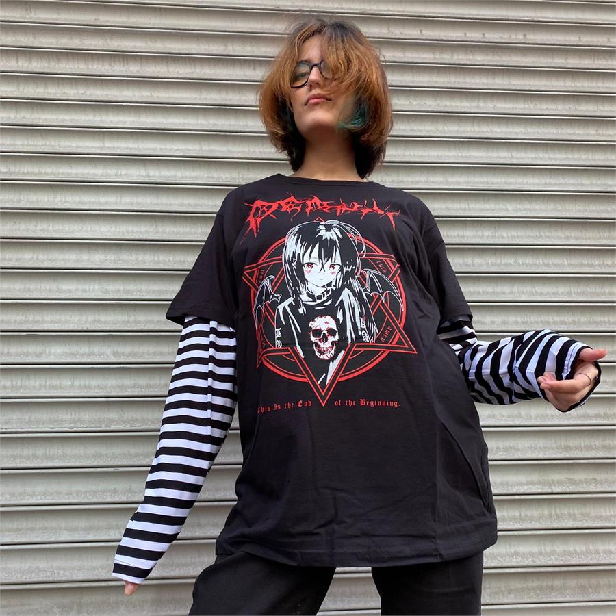 Anime Siyah Harajuku Punk Demon(Unisex) Çizgili Kollu T-Shirt