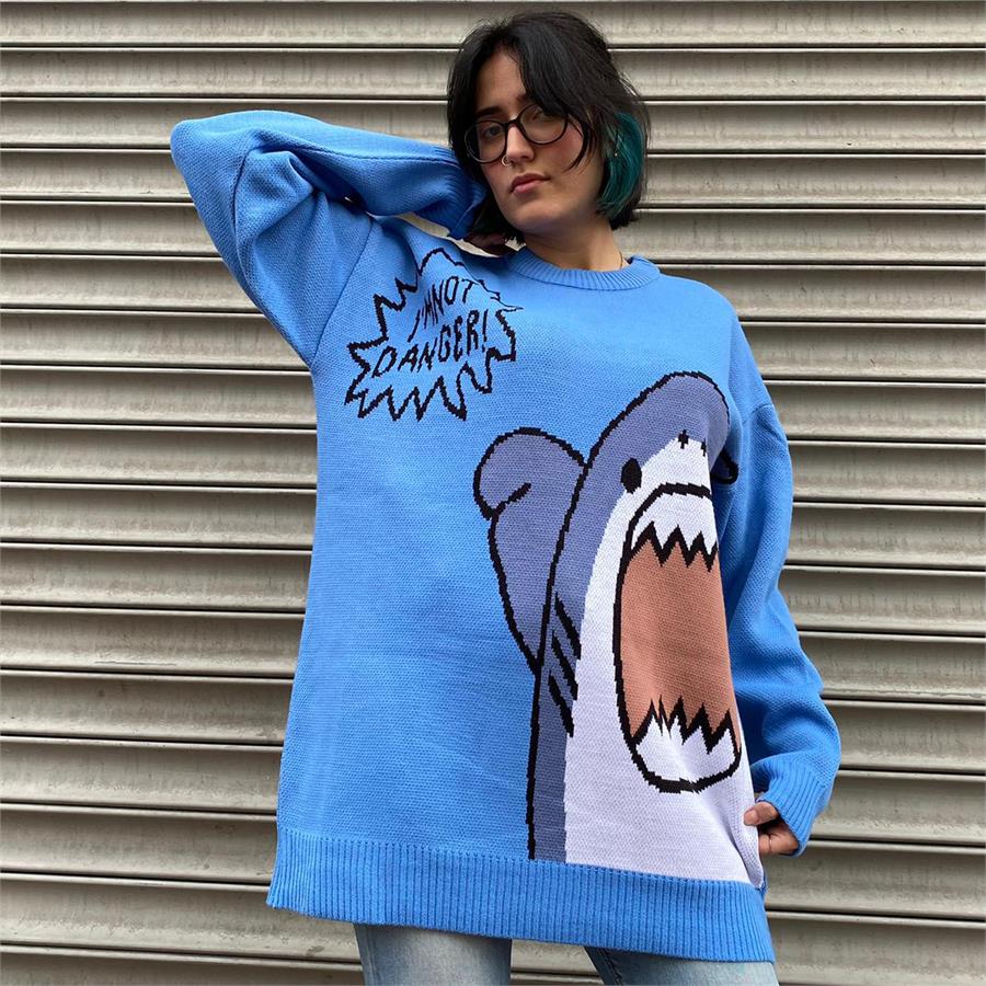 Harajuku Cute Shark - I'M Not Danger Mavi Oversize Kazak