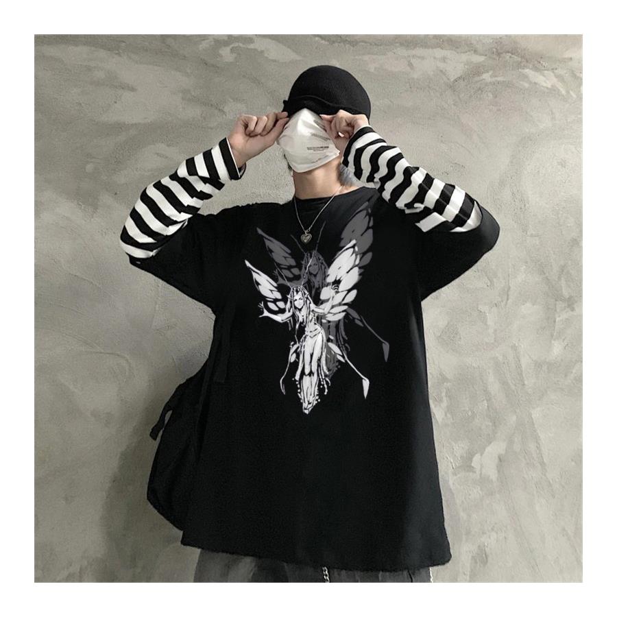 Harajuku Fairy Girl Siyah (Unisex) Çizgili Kollu T-Shirt