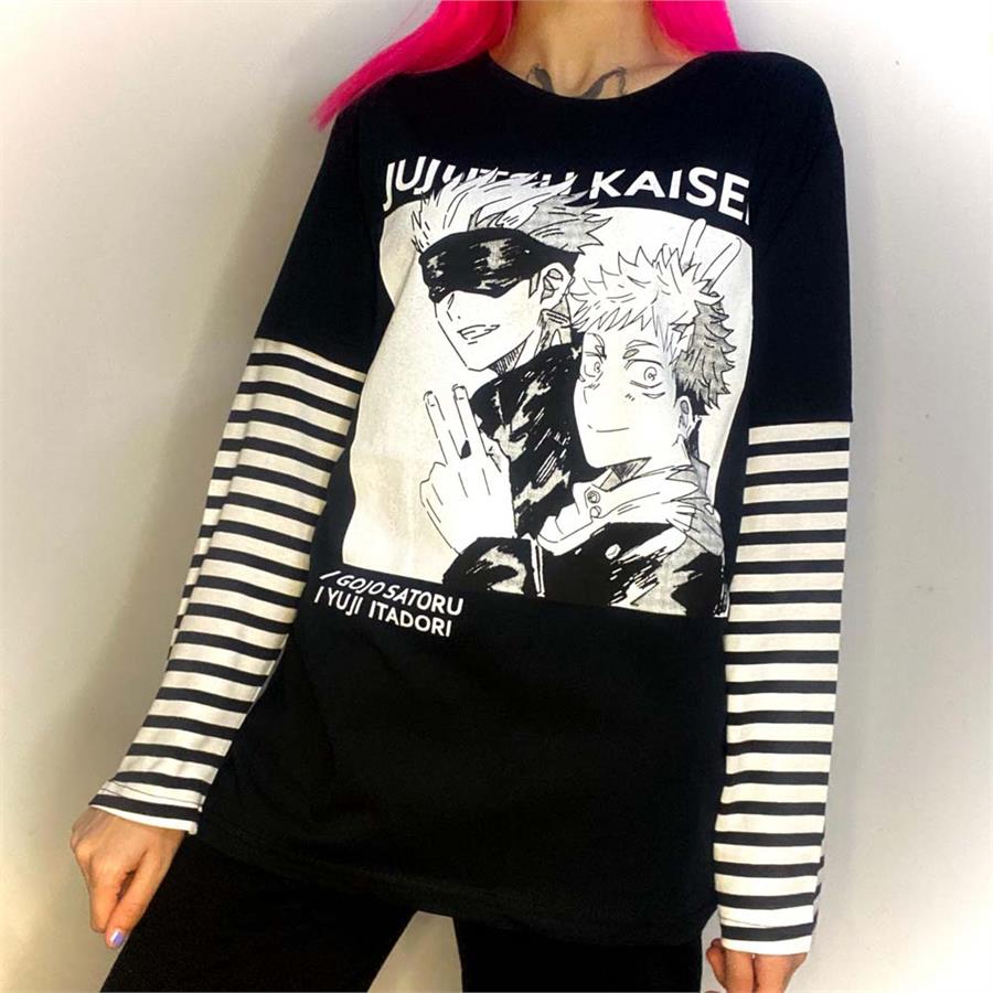 Anime Jujutsu Kaisen Characters Siyah (Unisex) Çizgili Kollu T-Shirt