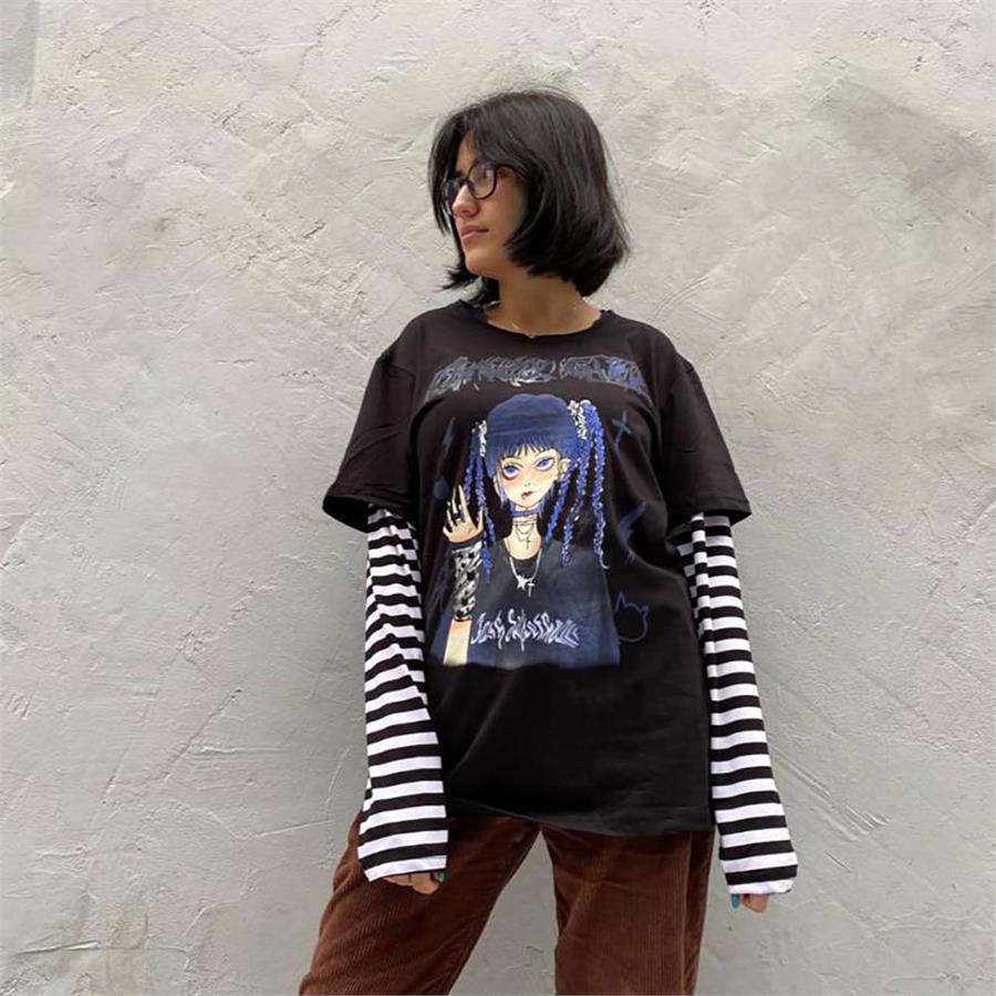 Anime Harajuku Crazy Girl Siyah (Unisex) Çizgili Kollu T-Shirt
