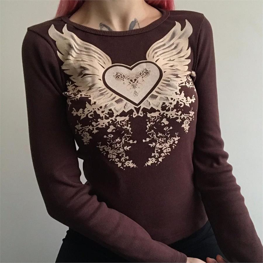 Kahverengi Harajuku Fashion Heart Wings Grunge Uzun Kollu