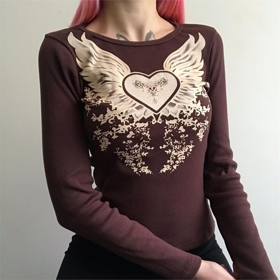 Kahverengi Harajuku Fashion Heart Wings Grunge Uzun Kollu