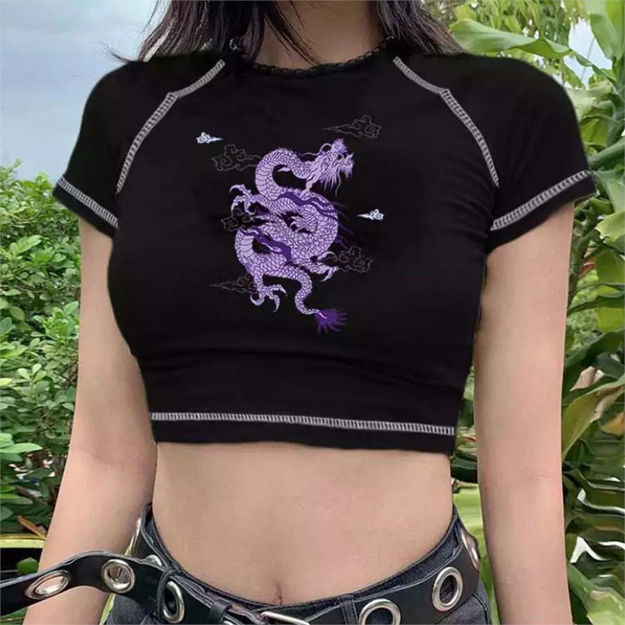Harajuku Fashion Purple Dragon Yarım Kadın T-Shirt