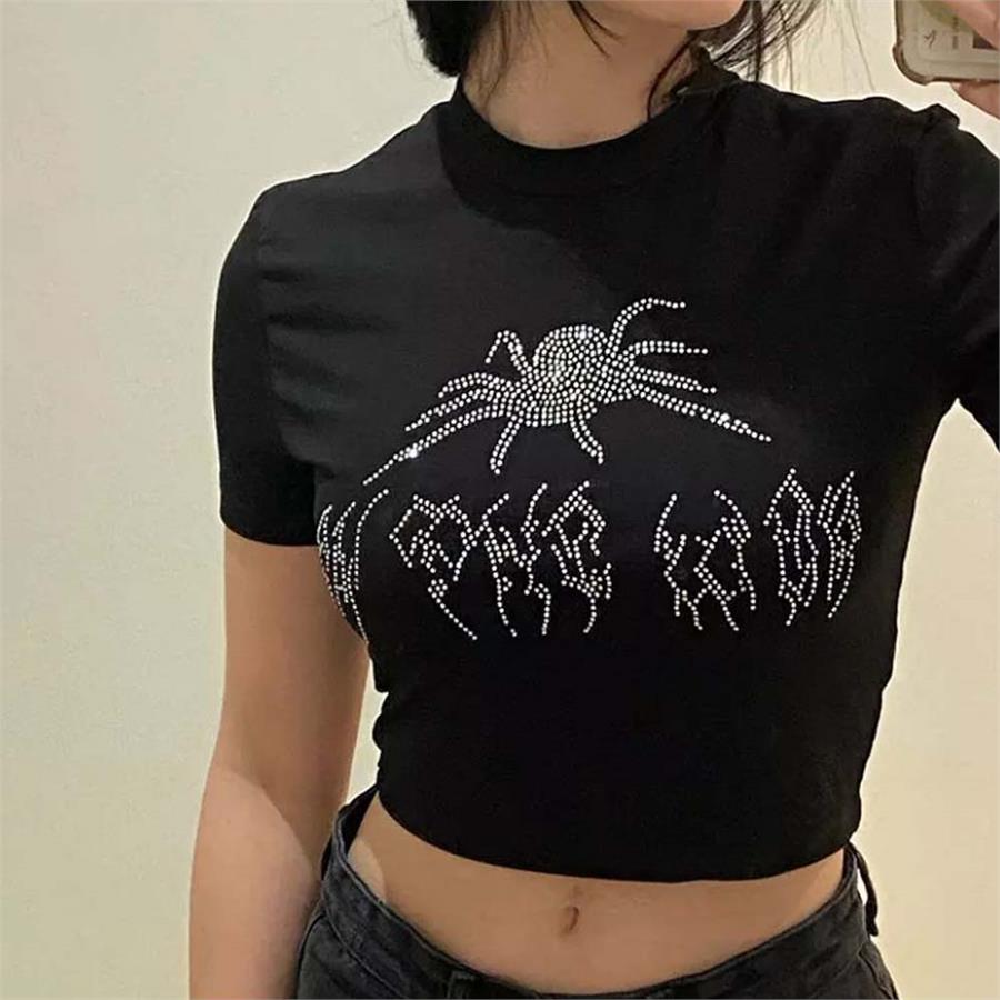 Harajuku Fashion Taş İşlemeli Spider Yarım Kadın T-Shirt