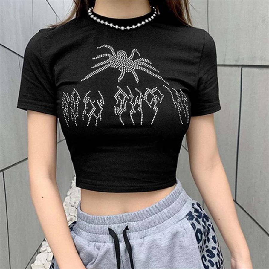 Harajuku Fashion Taş İşlemeli Spider Yarım Kadın T-Shirt
