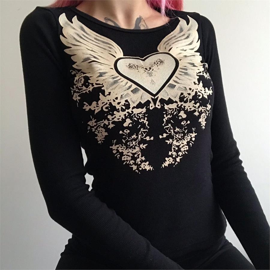 Siyah Harajuku Fashion Heart Wings Grunge Uzun Kollu