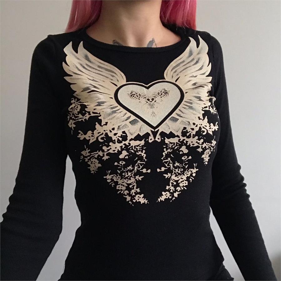 Siyah Harajuku Fashion Heart Wings Grunge Uzun Kollu