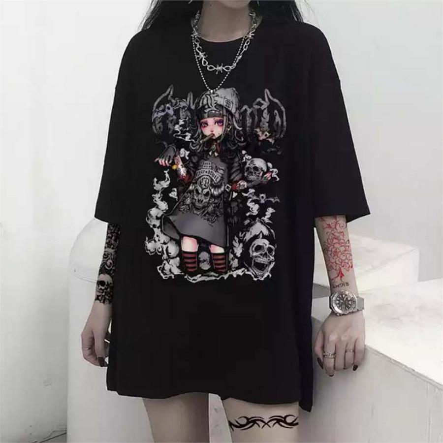 Harajuku Gothic Skull Girl Siyah (Unisex) T-Shirt