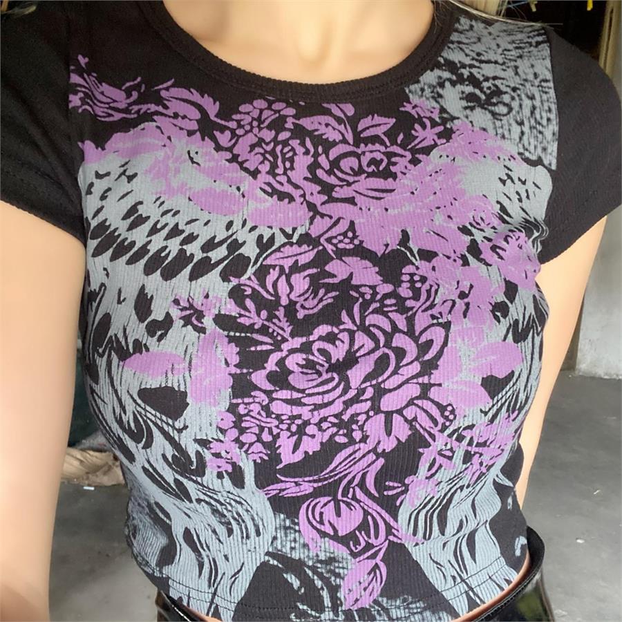Harajuku Fashion Flower Wings Siyah Yarım Kadın T-Shirt