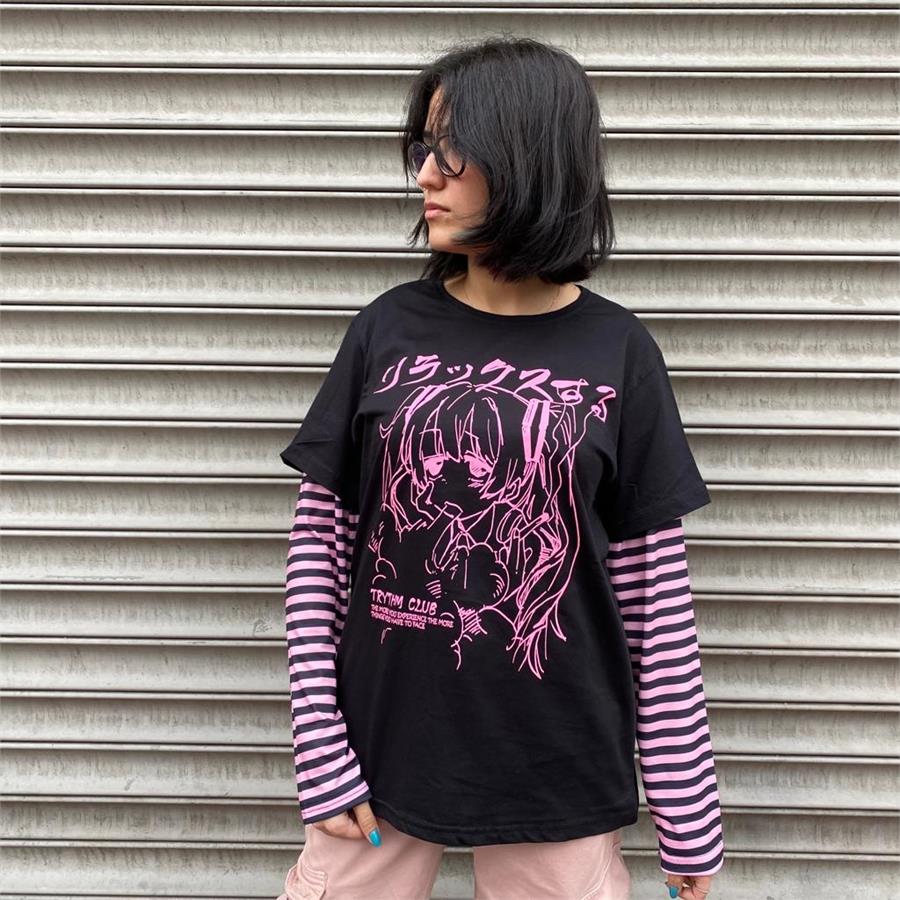 Anime Siyah Harajuku Sad Girl (Unisex) Pembe Siyah Çizgili Kollu T-Shirt