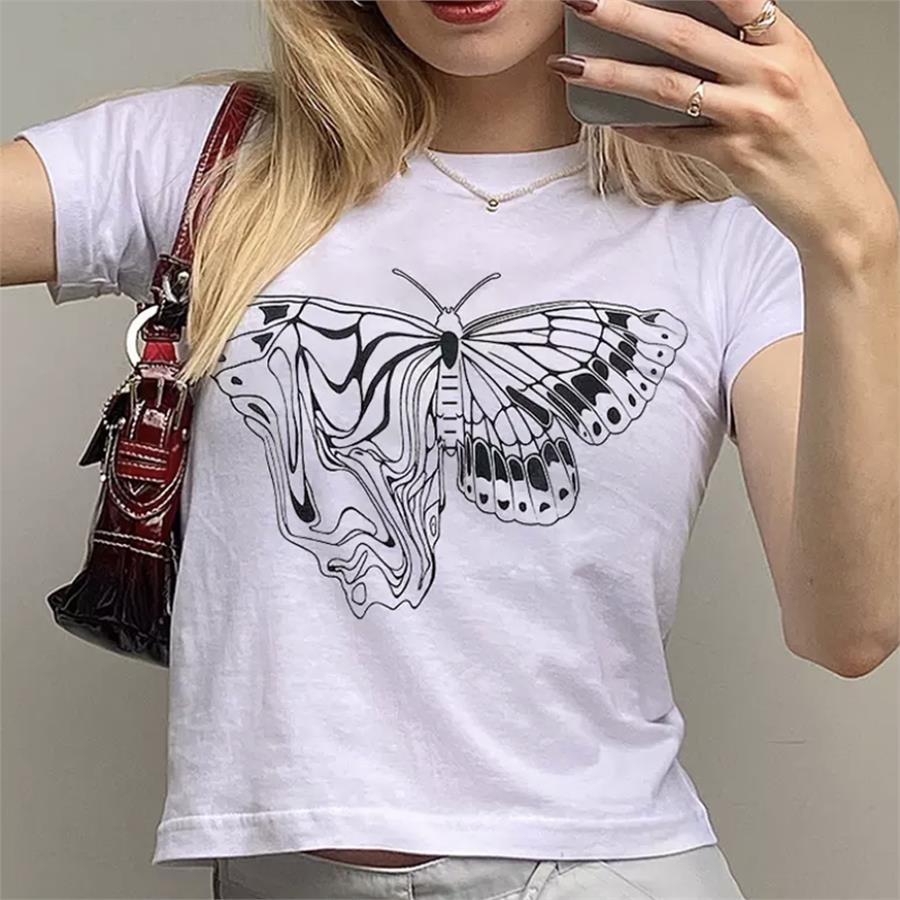 Harajuku Fashion Butterfly Vector Beyaz Yarım Kadın T-Shirt
