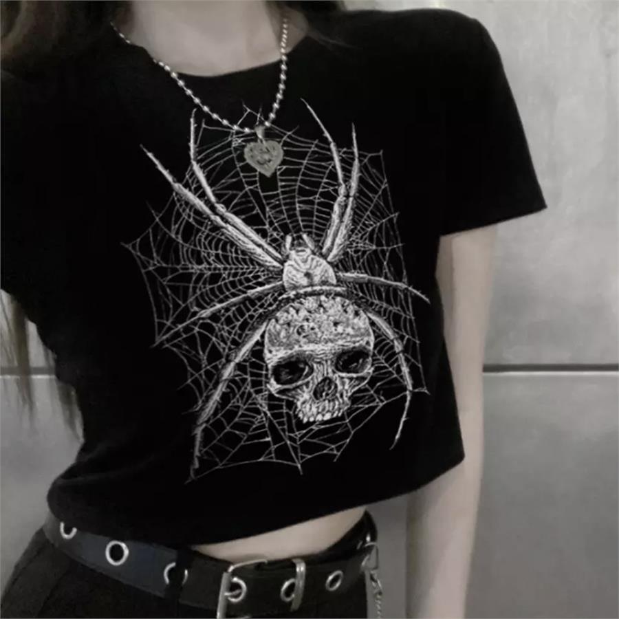 Harajuku Fashion Spider Skull Siyah Yarım Kadın T-Shirt