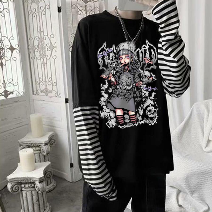 Harajuku Gothic Skull Girl Siyah Çizgili Kollu (Unisex) T-Shirt
