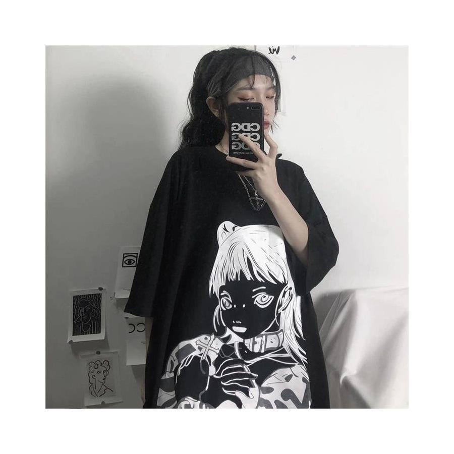 Anime Japanese Gothic Cat Girl Siyah (Unisex) T-Shirt