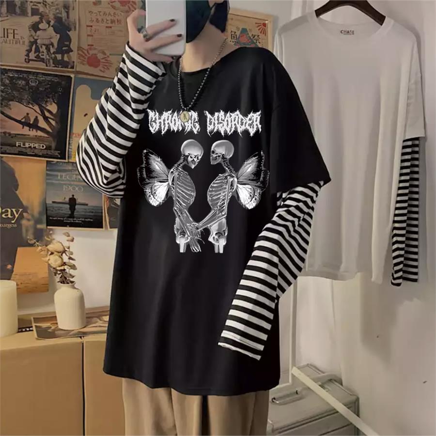 Harajuku Gothic Gromig Disorder Love Skeleton (Unisex) Çizgili Kollu T-Shirt