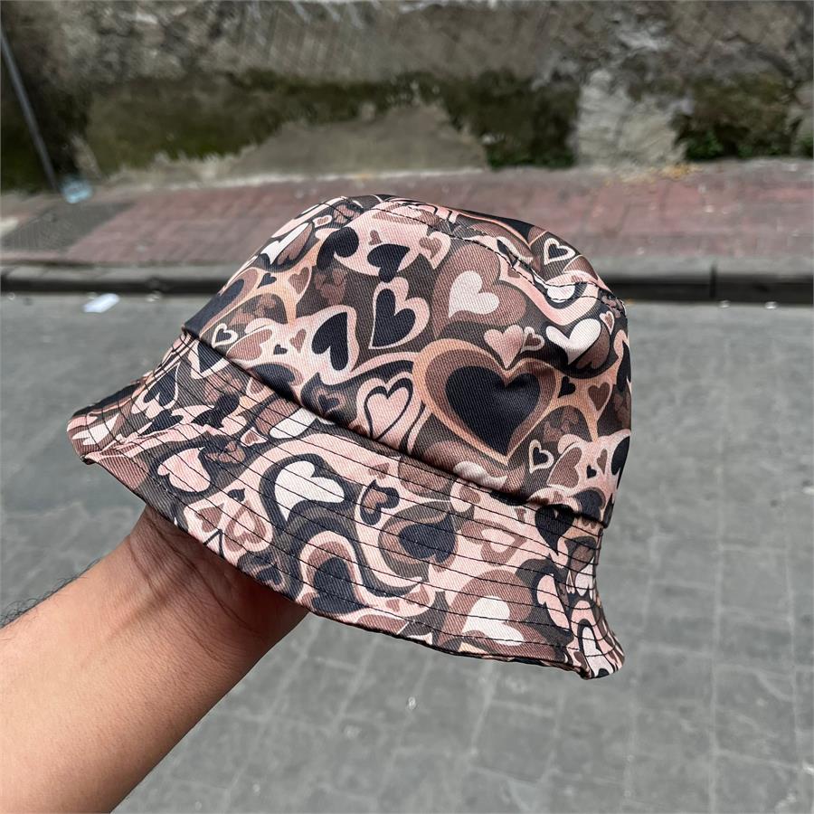 Harajuku Brown Heart Kolaj Bucket Şapka