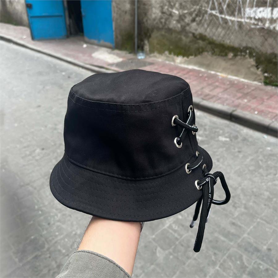 Kuşgözü Bağcıklı Siyah Bucket Şapka