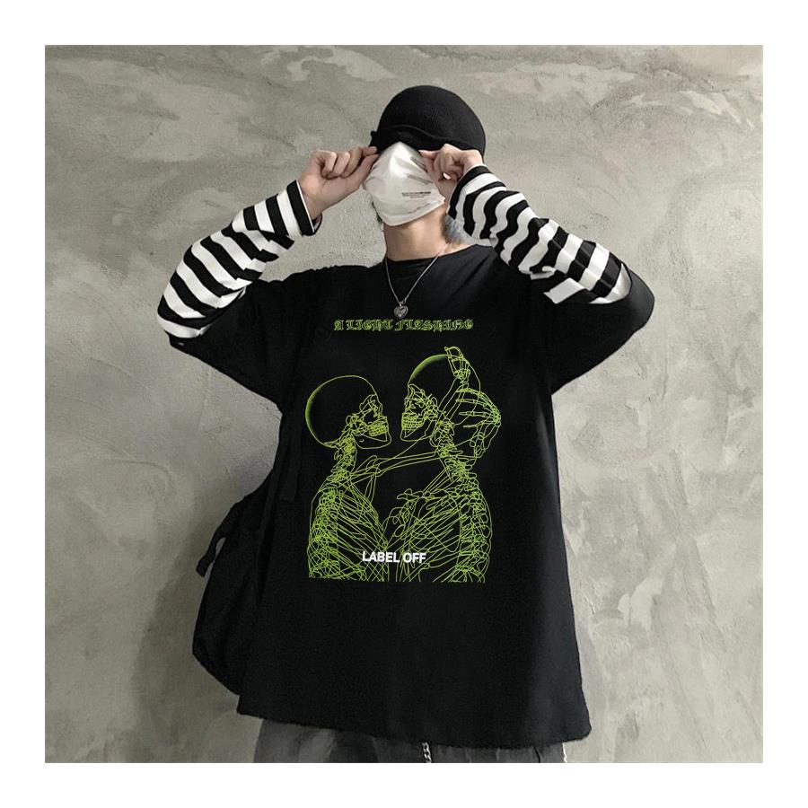 Harajuku Skeleton Couple Siyah (Unisex) Çizgili Kollu T-Shirt