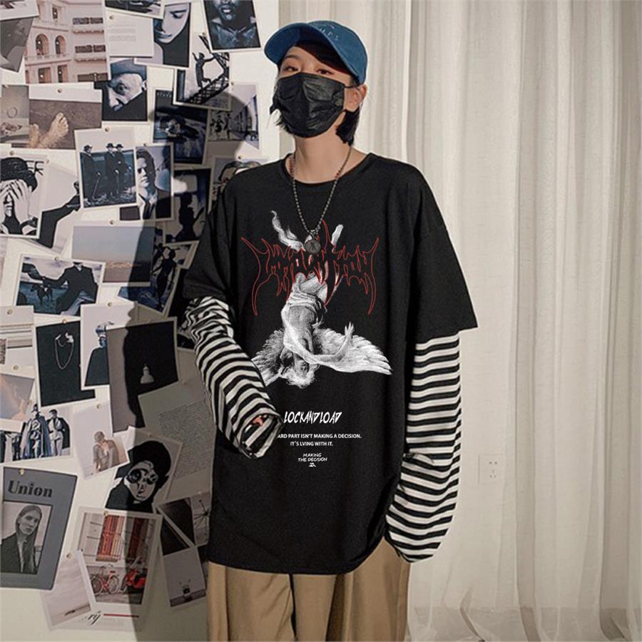 Harajuku Gothic Lock And Load Angel Siyah (Unisex) Çizgili Kollu T-Shirt