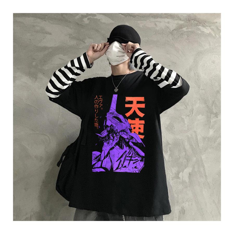 Anime Siyah Neon Genesis Evangelion Shinji Asuka Eva Unit (Unisex) Çizgili Kollu T-Shirt