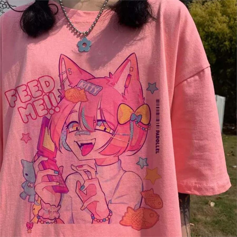 Anime Japanese Girl Feed Me Pembe (Unisex) T-Shirt