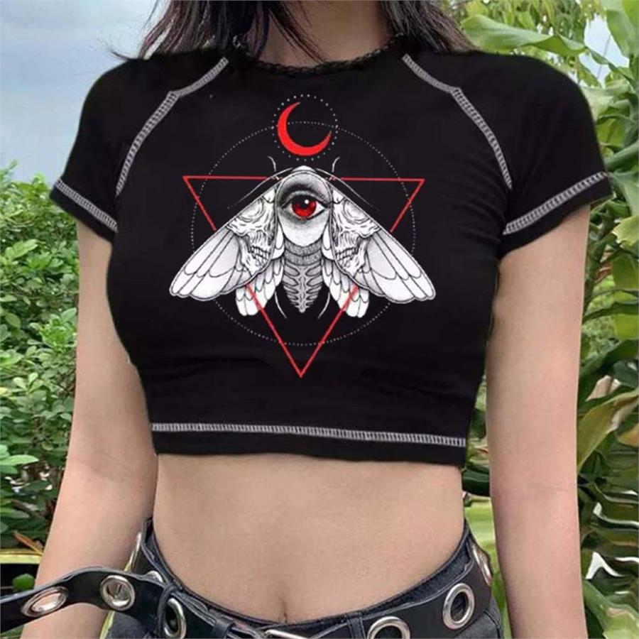Gotik Occult Moth Siyah Yarım T-Shirt