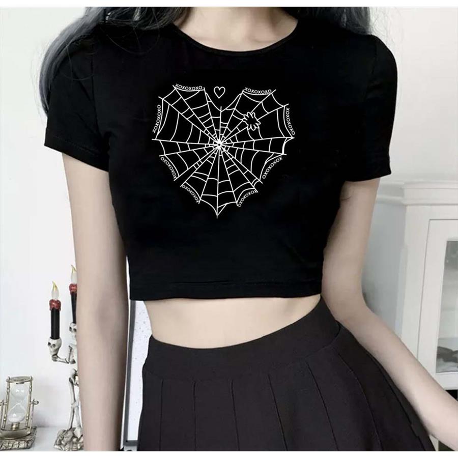 Spider Web Heart Siyah Yarım T-Shirt