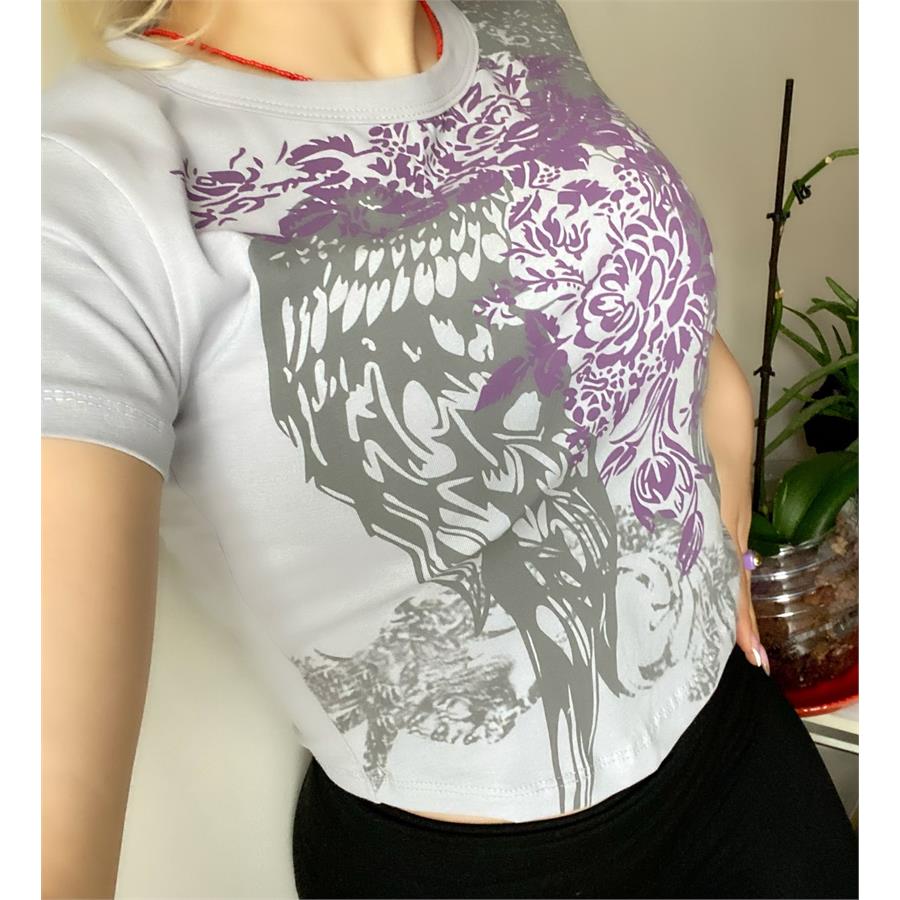 Harajuku Fashion Flower Wings Gri Yarım Kadın T-Shirt