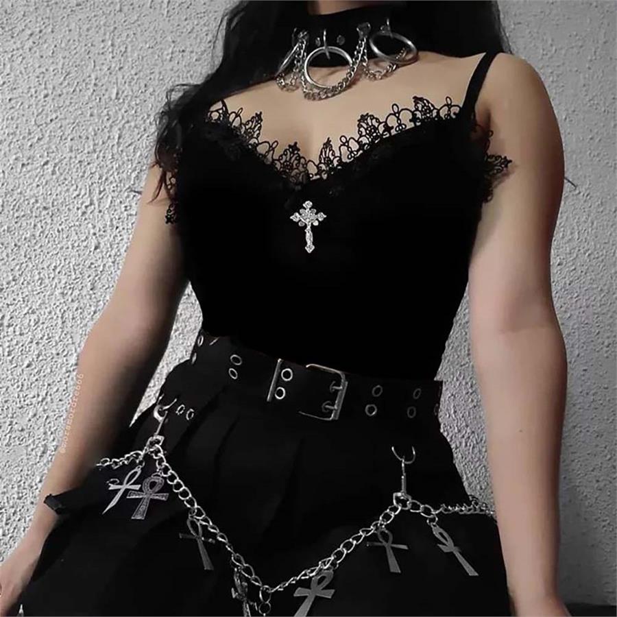 Siyah Gothic Haç Kolyeli Bluz