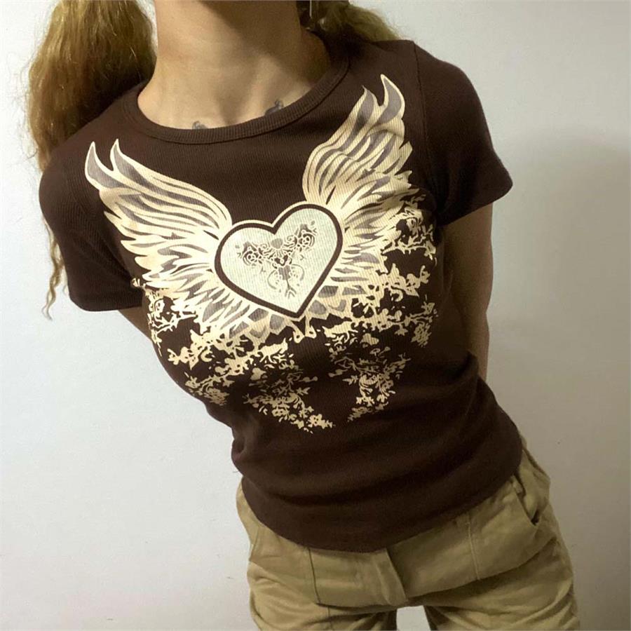 Kahverengi Harajuku Fashion Heart Wings Grunge Yarım T-Shirt