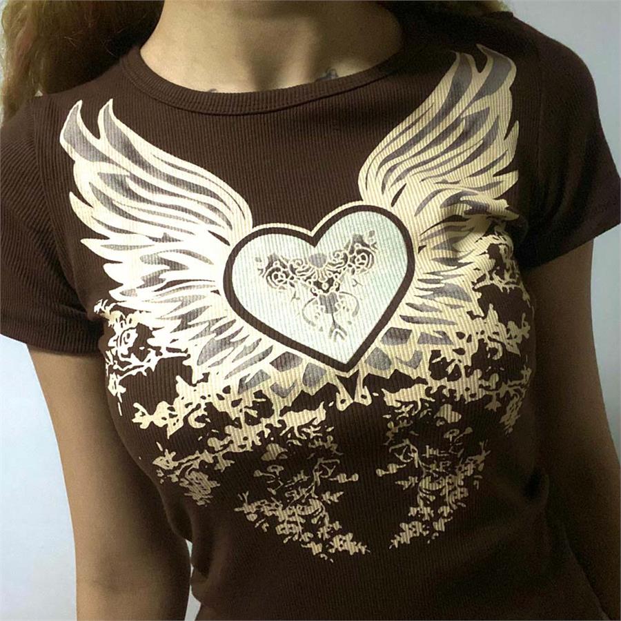 Kahverengi Harajuku Fashion Heart Wings Grunge Yarım T-Shirt