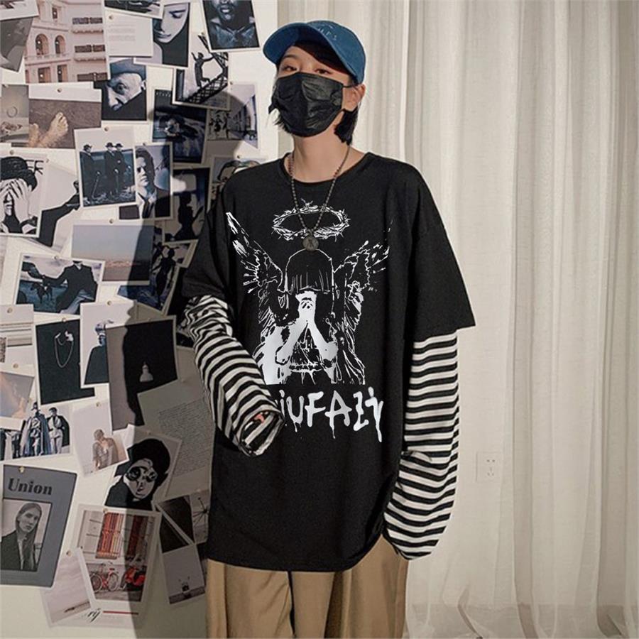 Harajuku Gothic Death Angel (Unisex) Çizgili Kollu T-Shirt