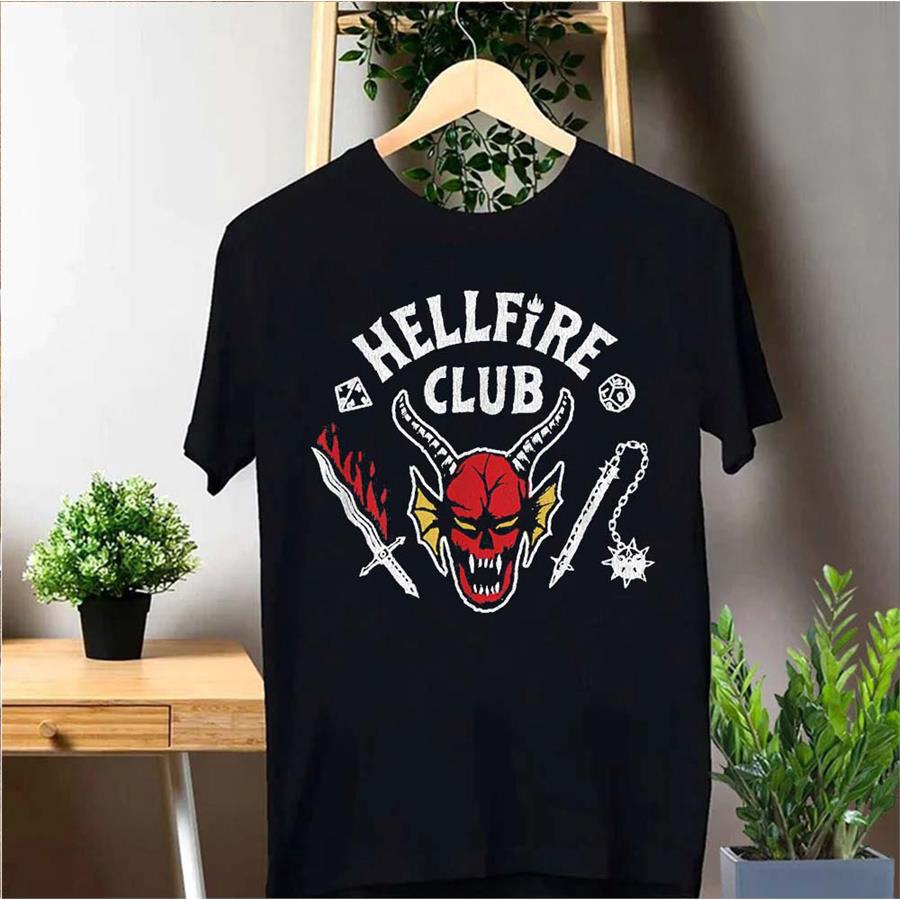 Siyah Stranger Things 4. Sezon Dustin Hellfire Club Unisex T-Shirt