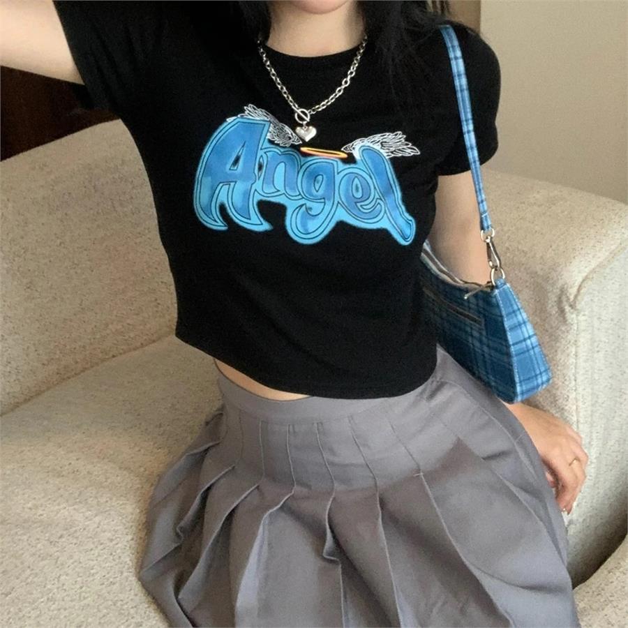 Harajuku Mavi Angel Yazı Siyah Yarım T-Shirt