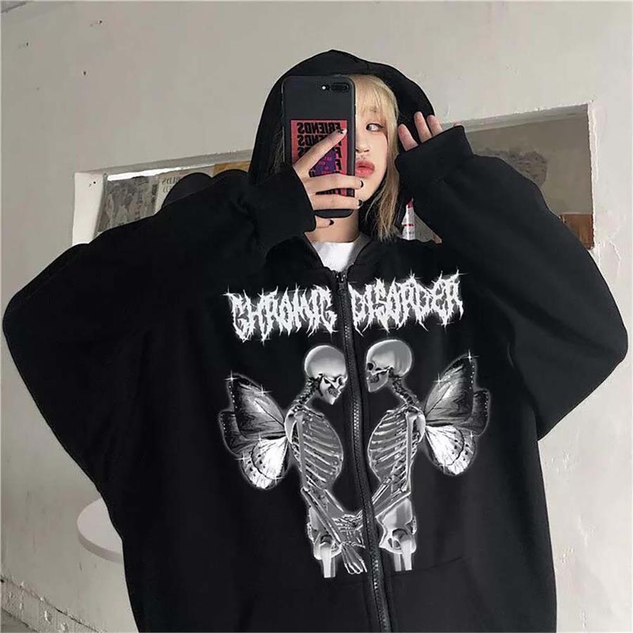 Harajuku Gothic Gromig Disorder Love Skeleton Siyah Fermuarlı(Unisex) Kapüşonlu Sweatshirt
