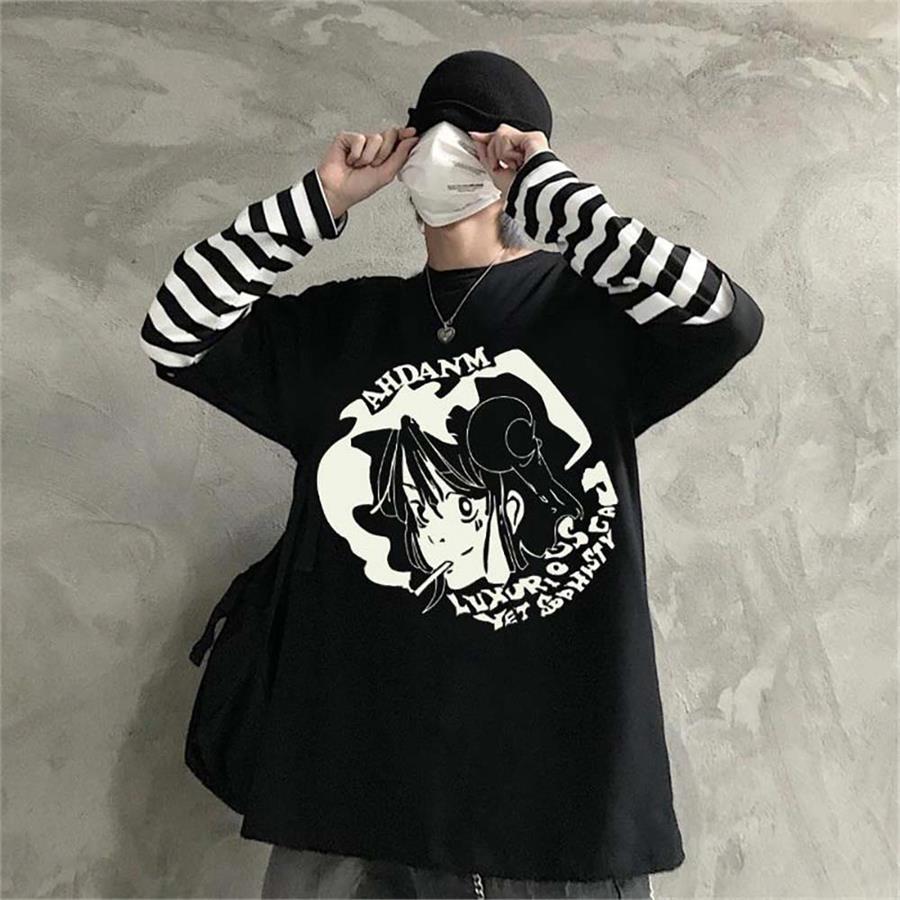 Anime Smoking Girl Siyah (Unisex) Çizgili Kollu T-Shirt