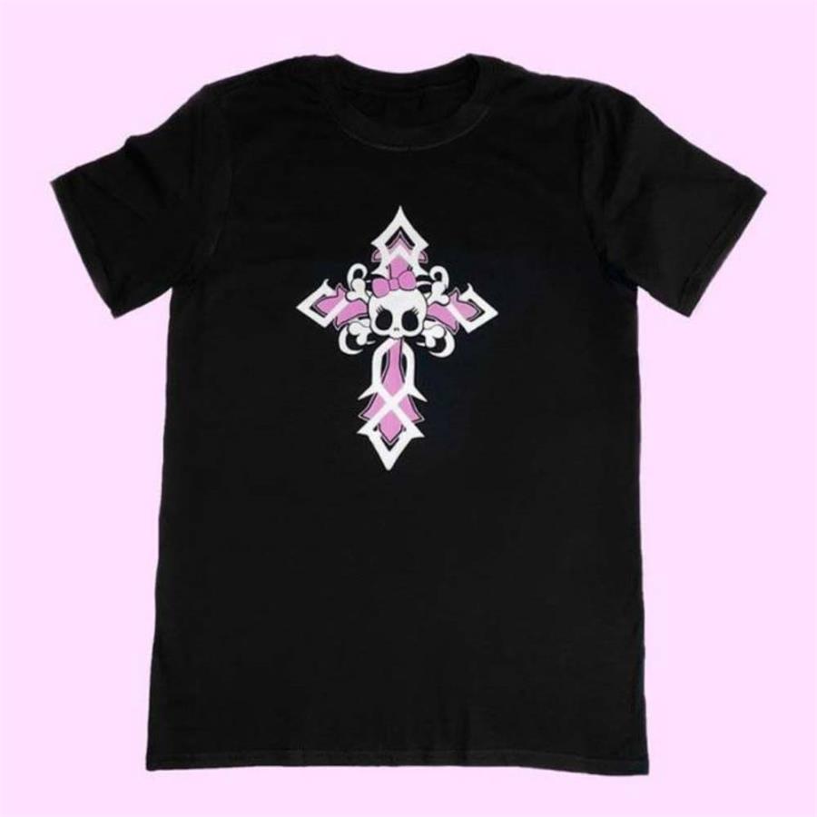 Gothic Punk Kitty Cross Siyah (Unisex) T-Shirt
