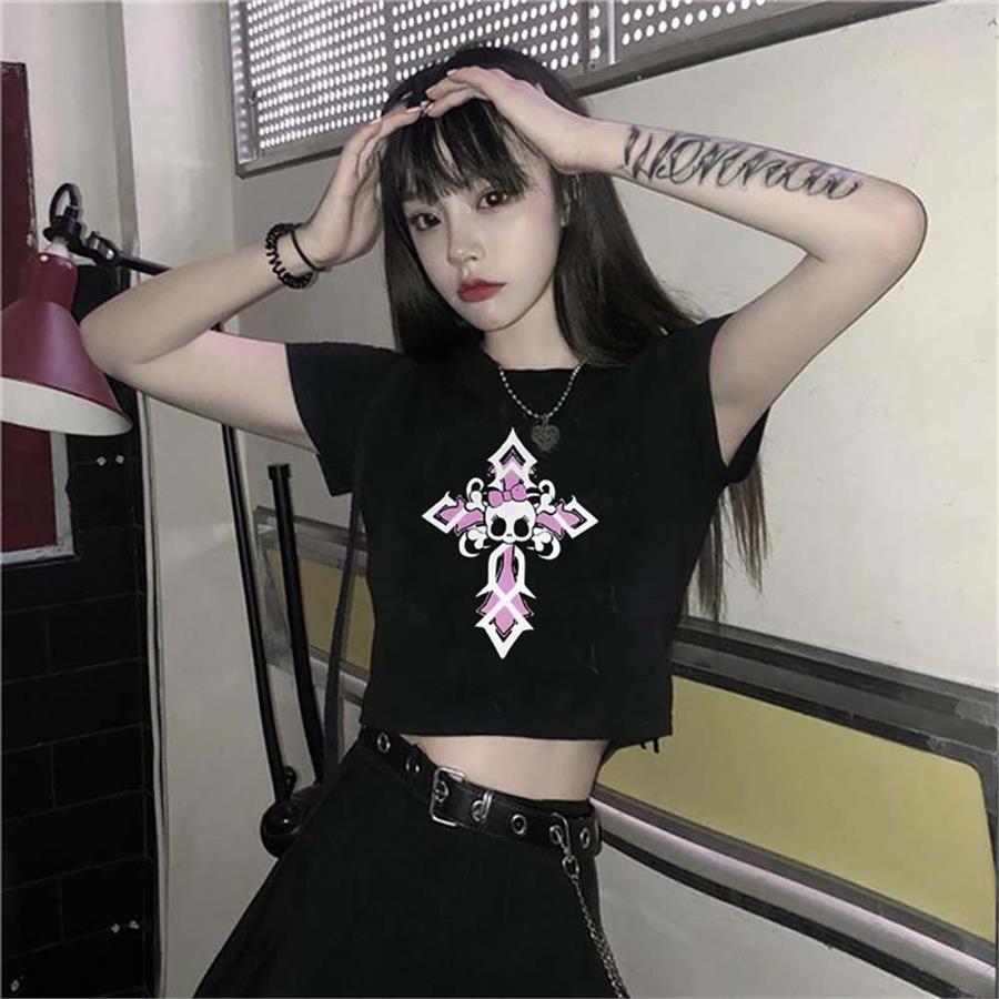 Gothic Punk Kitty Cross Siyah Yarım Kadın T-Shirt