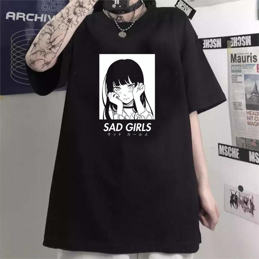 Anime Japanese Sad Girls Siyah (Unisex) T-Shirt