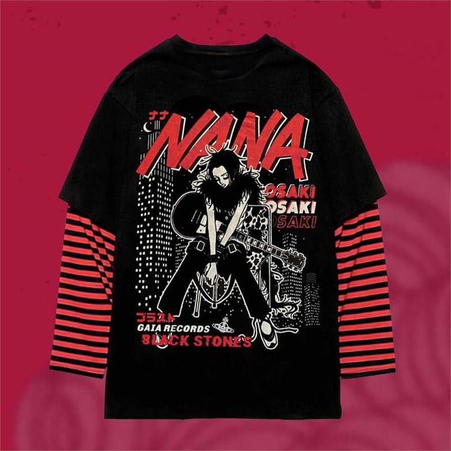 Black Stones - Nana Osaki Guitar (Unisex) Kırmızı Siyah Çizgili Kollu T-Shirt