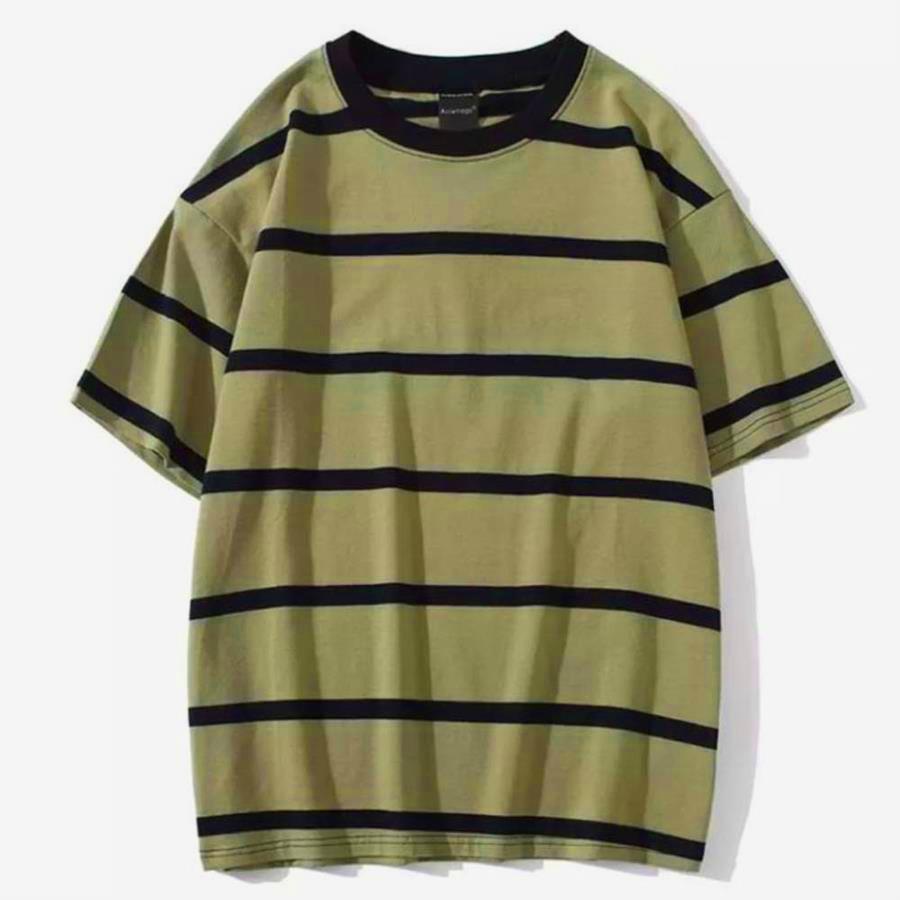 Oversize Haki Üzerine Siyah İnce Çizgili (Unisex) T-Shirt