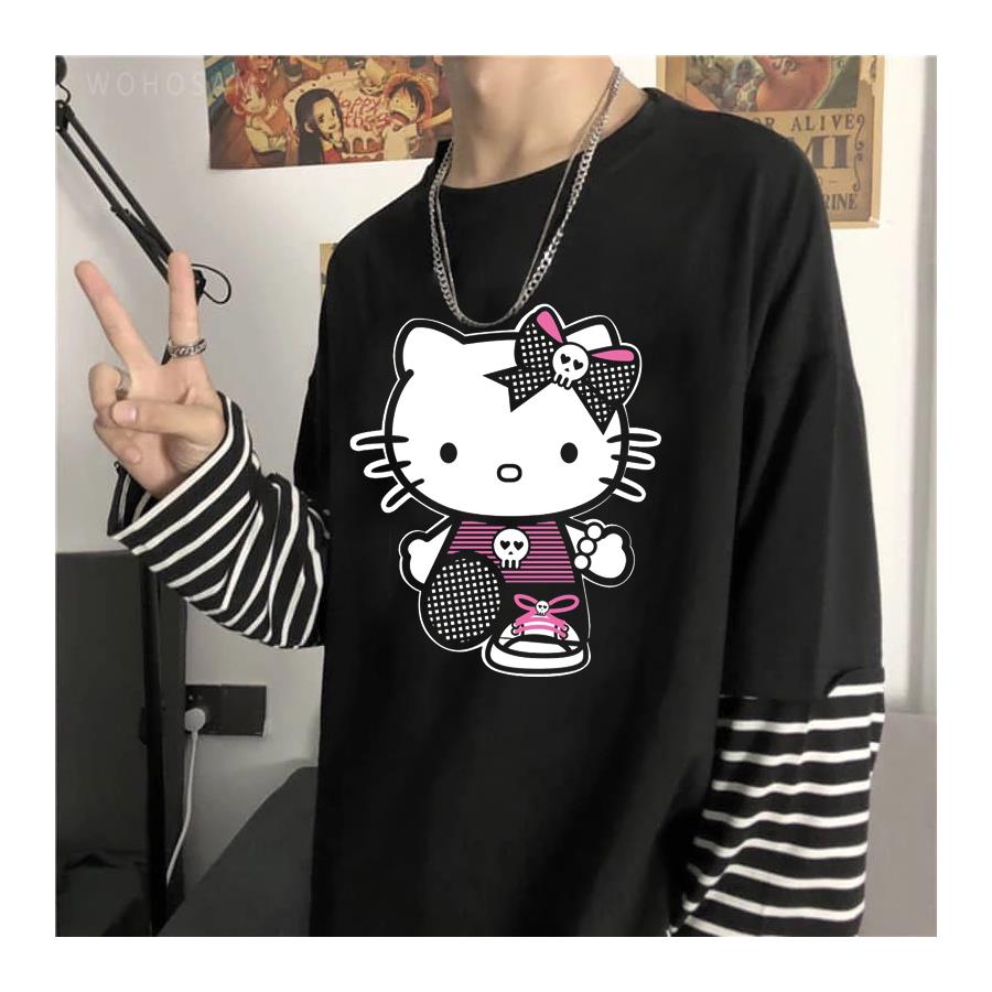 Anime Gothic Hello Kitty Siyah ((Unisex) Çizgili Kollu T-Shirt