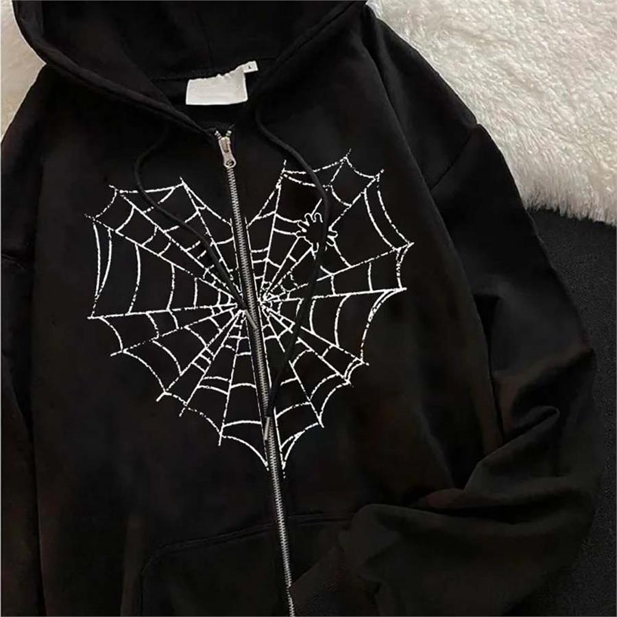 Spider Web Heart (Unisex) Kalın Kumaş Fermuarlı Kapüşonlu Sweatshirt