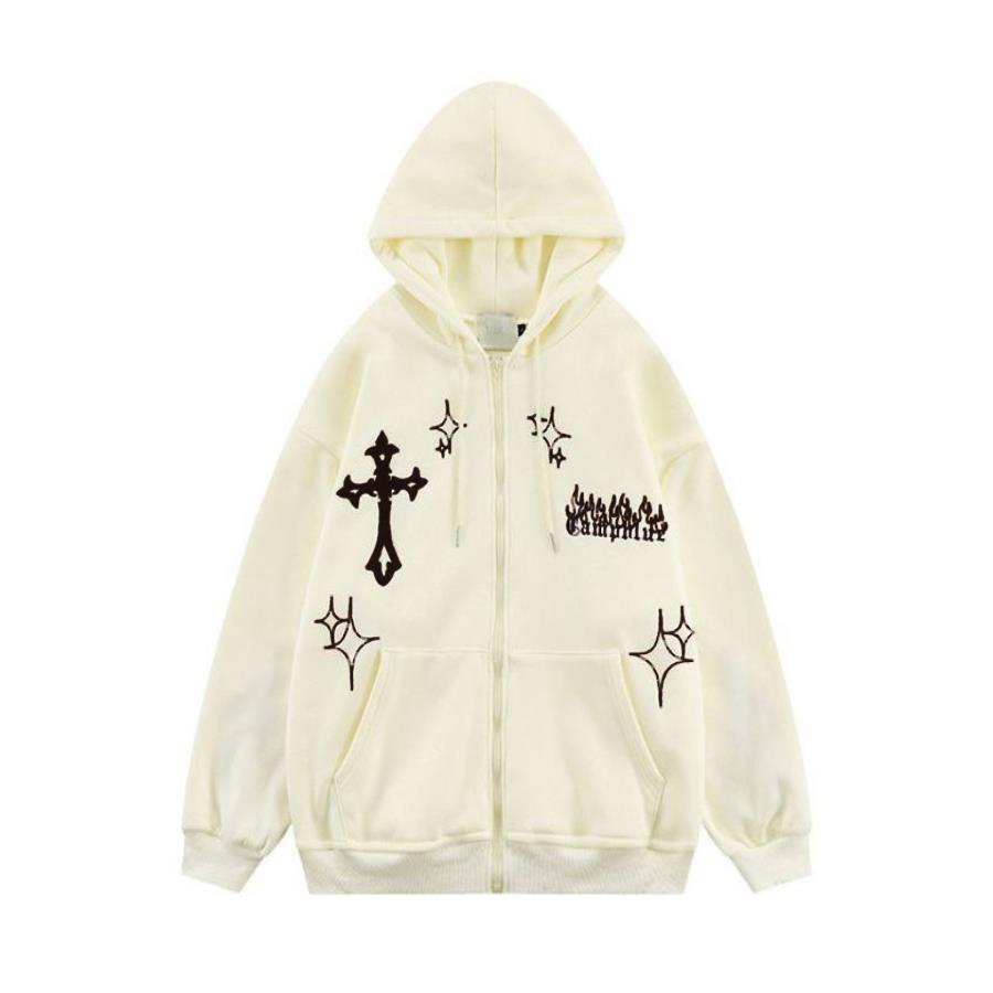 Harajuku Shiny Cross Beyaz Fermuarlı (Unisex) Kapüşonlu Sweatshirt