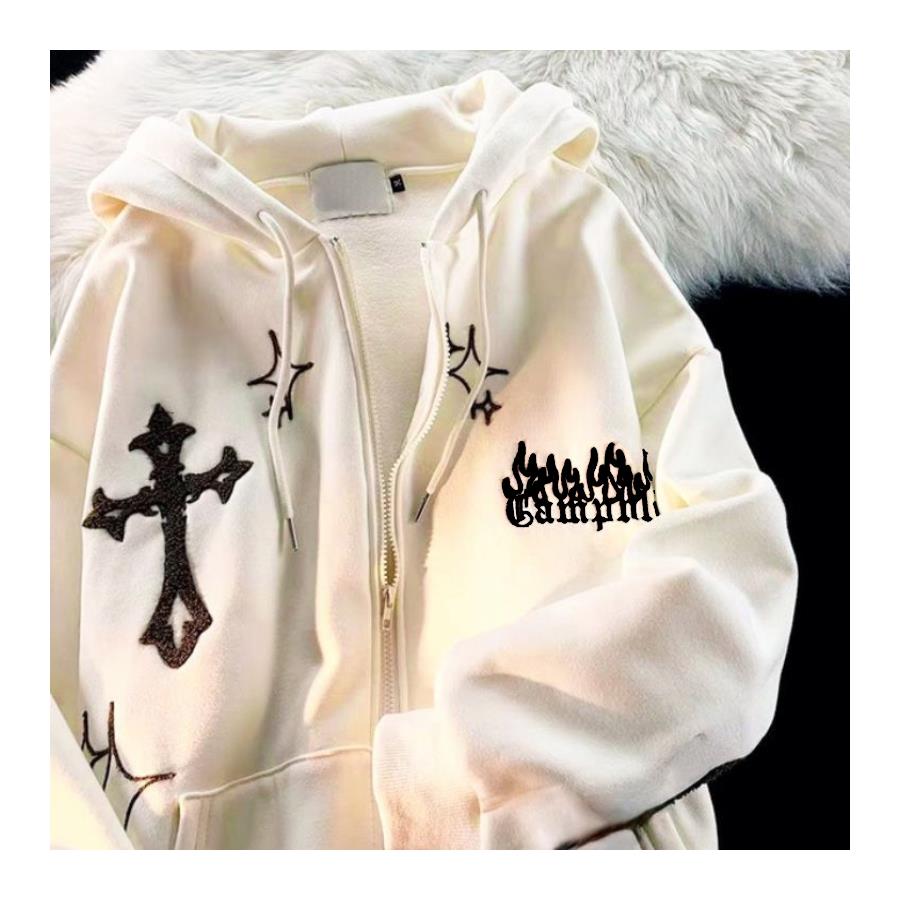 Harajuku Shiny Cross Beyaz Fermuarlı (Unisex) Kapüşonlu Sweatshirt