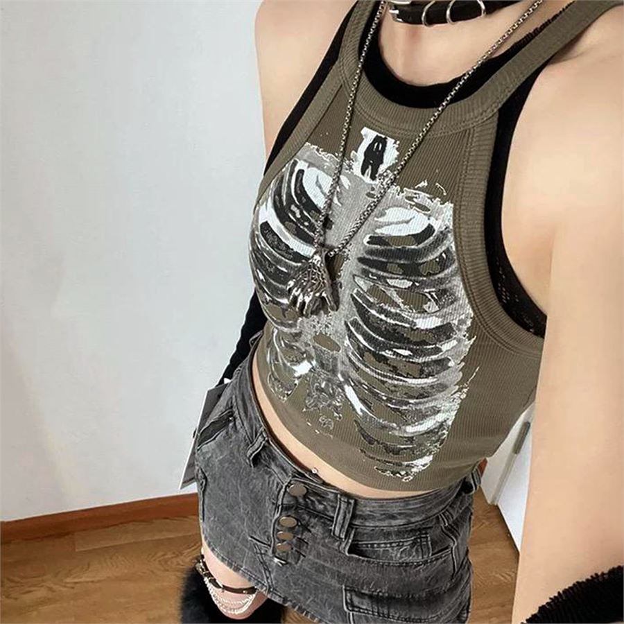 Haki Painted Skeleton Askılı Kadın T-Shirt