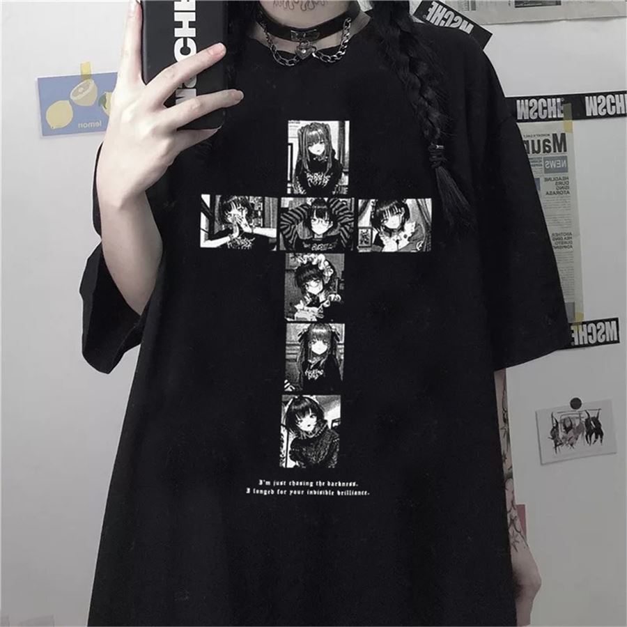 Siyah Anime Girl Cross Kolaj (Unisex) T-Shirt