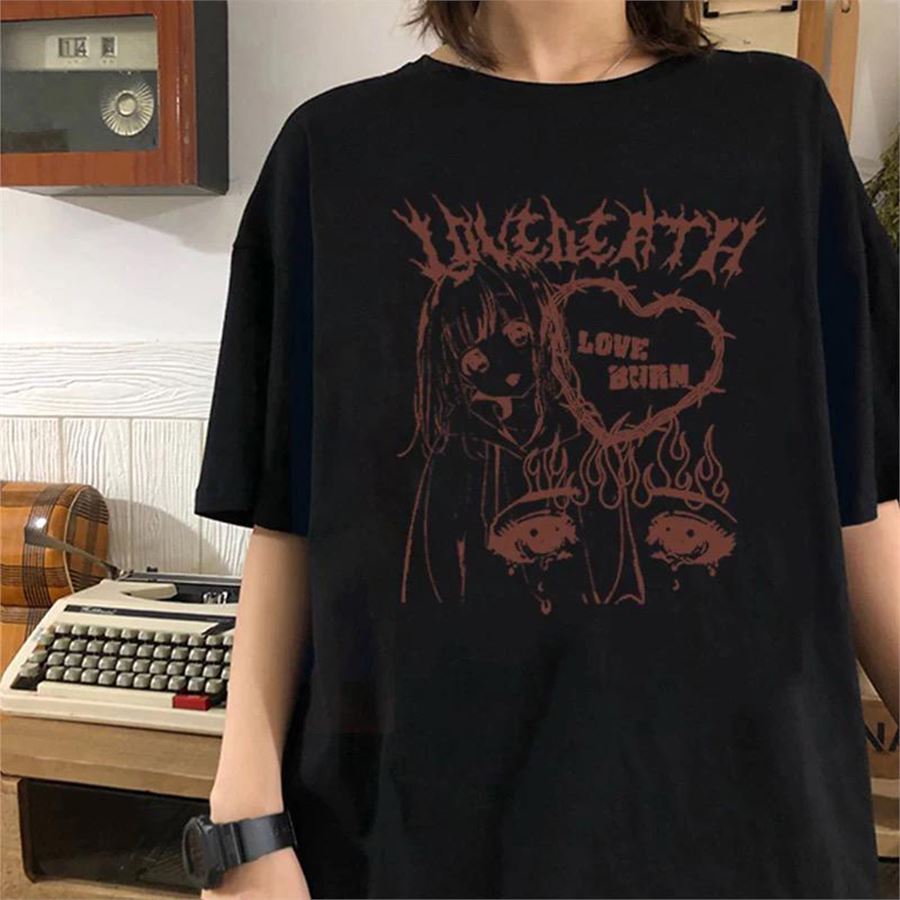 Siyah Lovedeath Love Burn (Unisex) T-Shirt