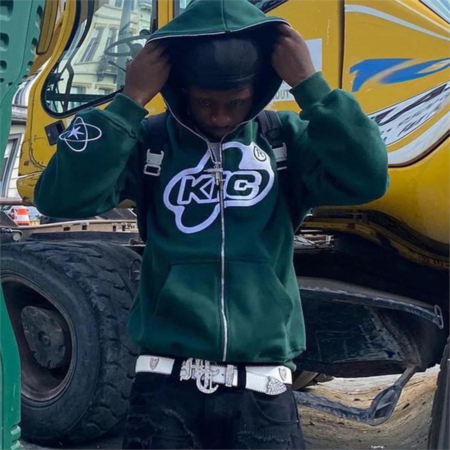 Yeşil Ghetto Kic Atom Fermuarlı (Unisex) Kapüşonlu Sweatshirt